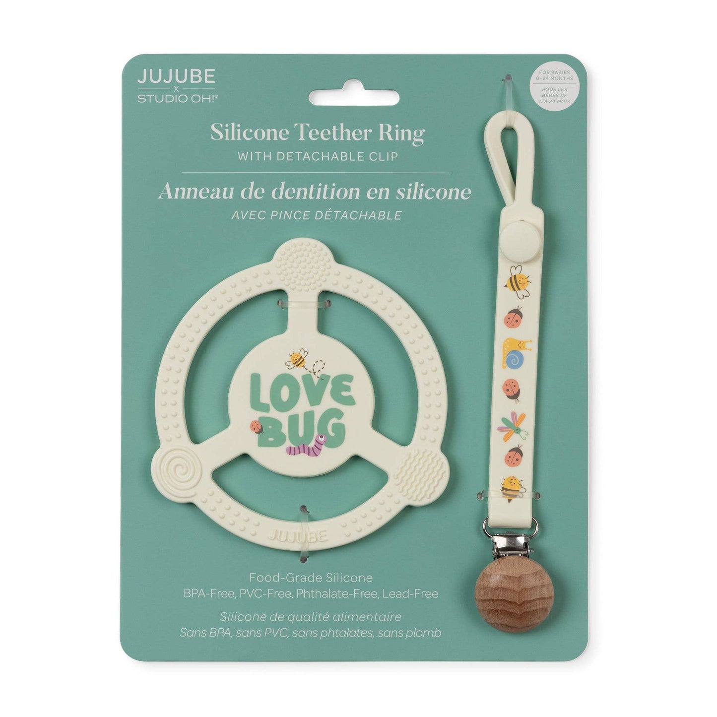 Silicone Teether Ring with Detachable Clip Love Bug