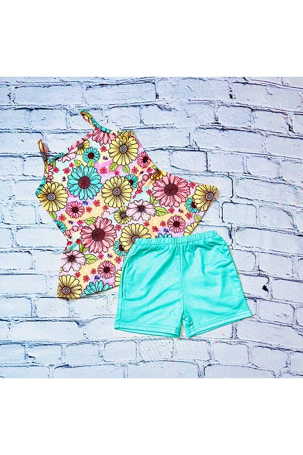 Multicolor daisies top w/aqua pocket shorts set XCH0666-34H