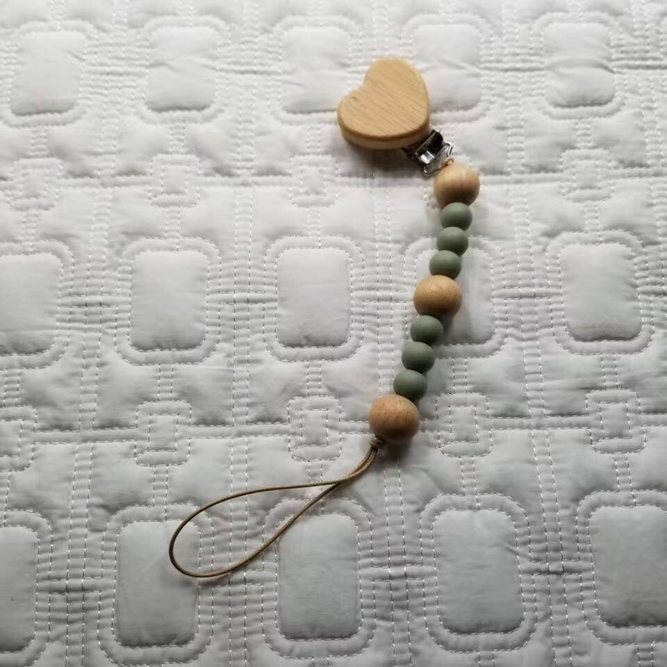 Silicone Bead & Wooden Heart Pacifier Clip