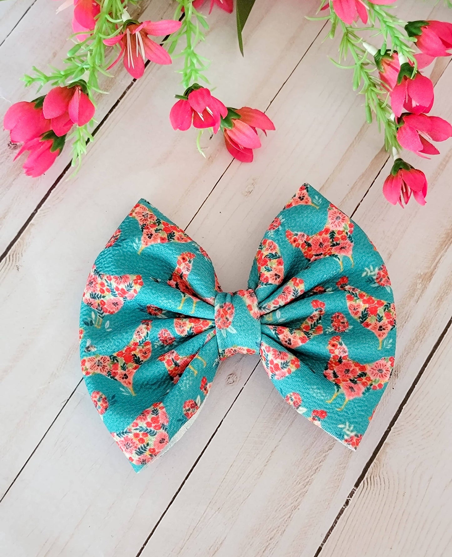 Savannah Bow-Floral Chicken on Teal