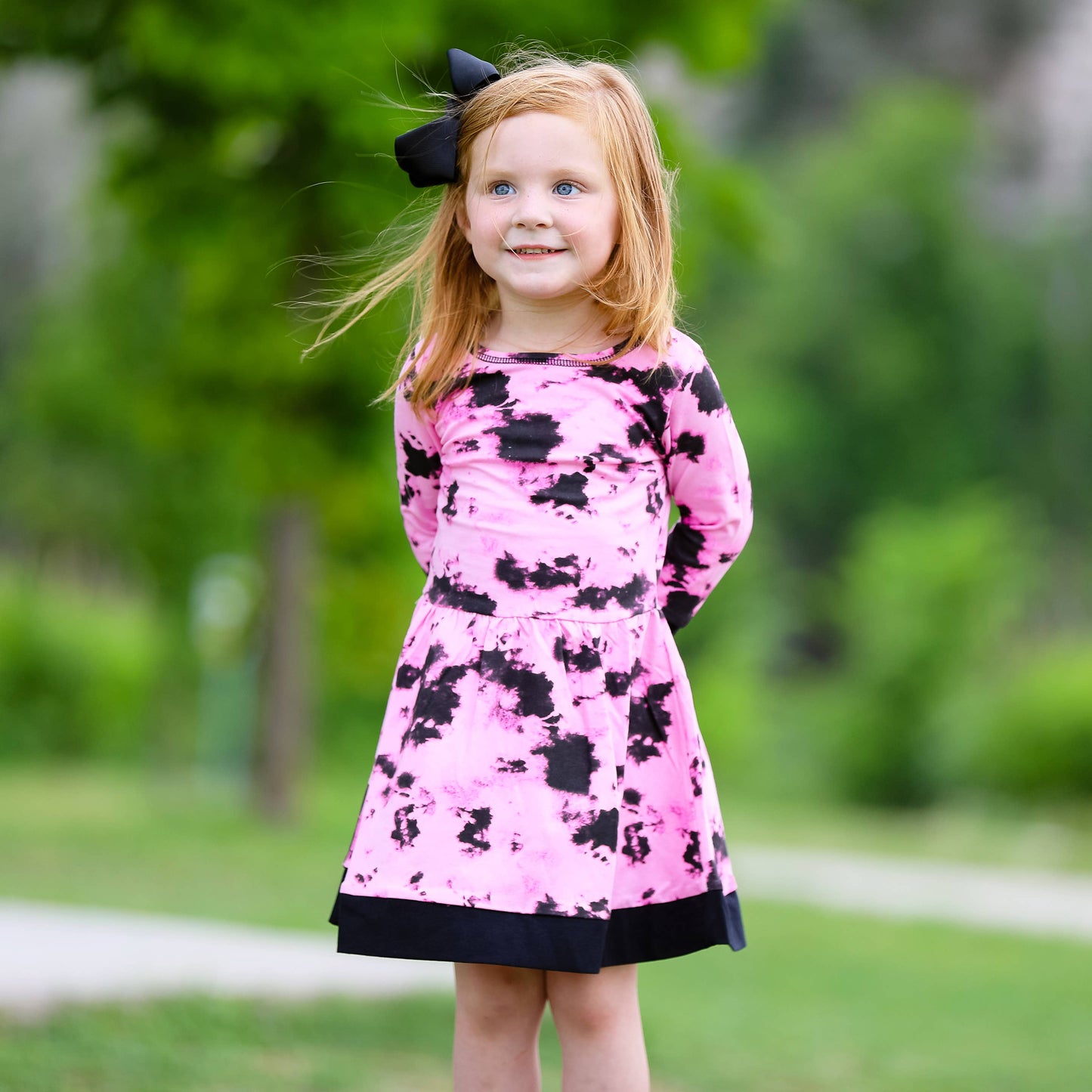 Girls Pink Black Tie Dye Long Sleeve Dress Kids Clothes