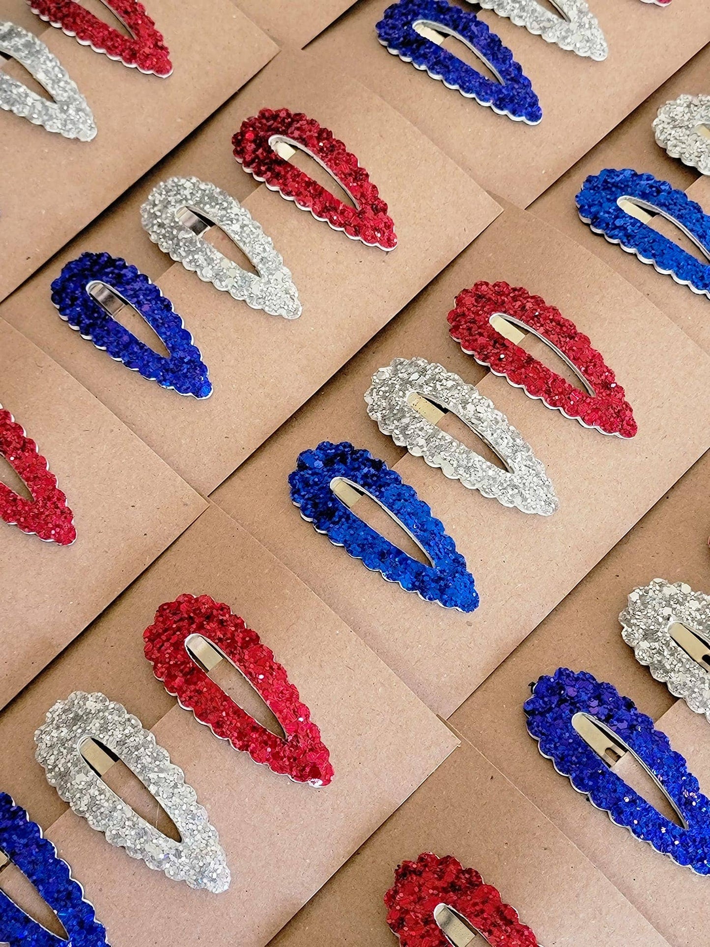 Red, White,& Blue 2.5" HOLO Scallop Teardrop Snap Clip 3 pack