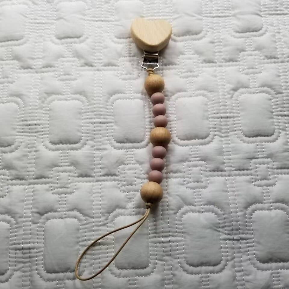 Silicone Bead & Wooden Heart Pacifier Clip