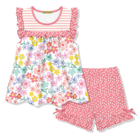 Pink Midtone Floral Ruffle Sleeveless Top & Bow Shorts