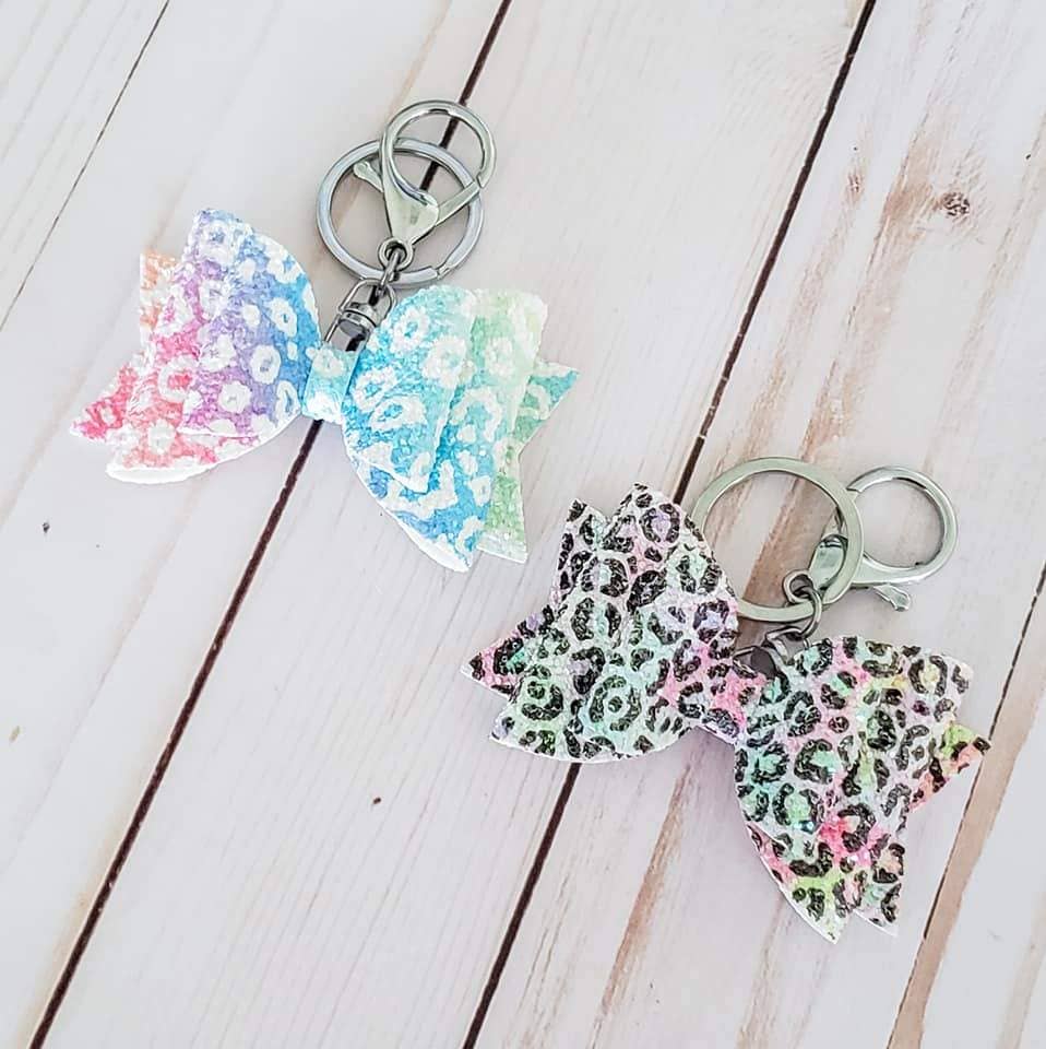 White Rainbow Leopard Selah Bow Key Chain