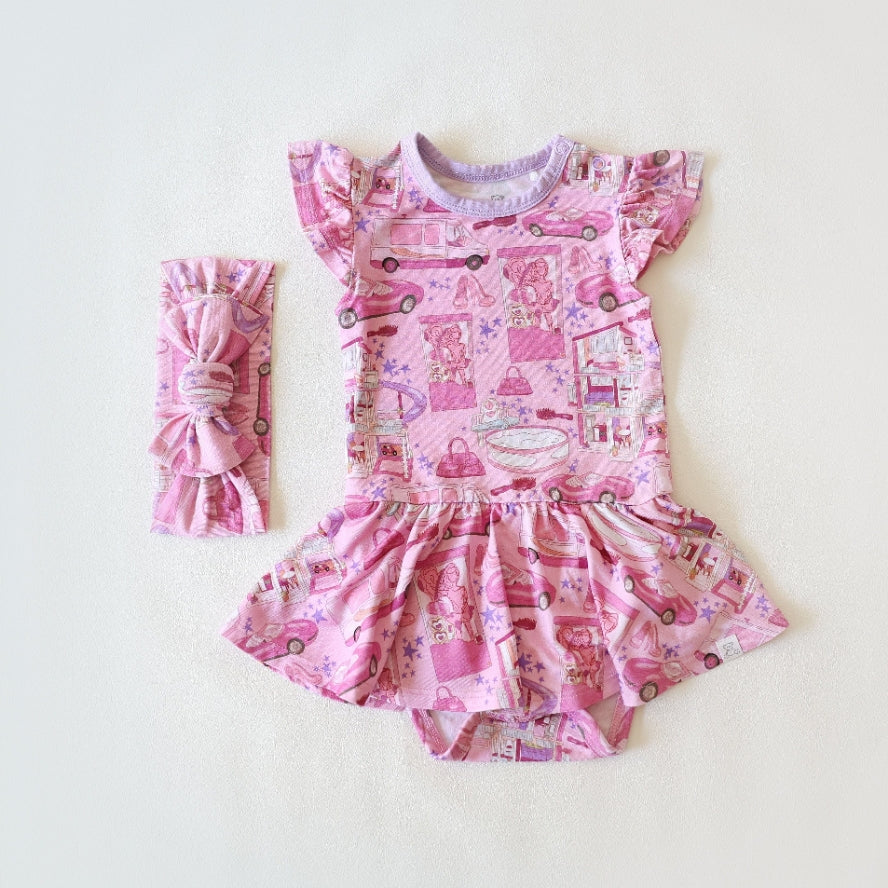 What A Doll Bamboo Twirl Skirt Bodysuit With Matching Headband