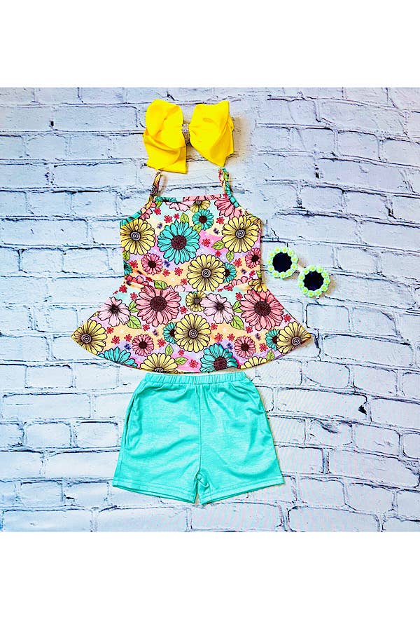 Multicolor daisies top w/aqua pocket shorts set XCH0666-34H