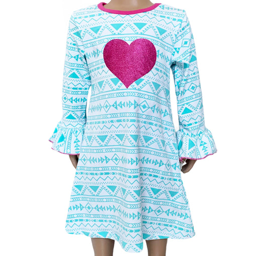 Valentine's Day Girls Blue Pink Heart Long Sleeve Dress