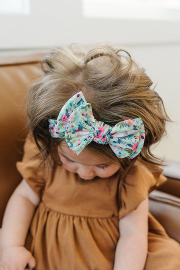 Trendy Teal Floral Double Bow Nylon Headband