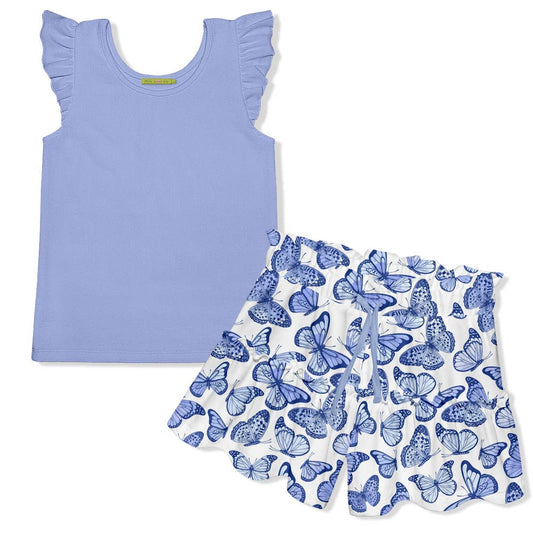 Periwinkle Ribbed Top & Blue Butterflies Split Skirt