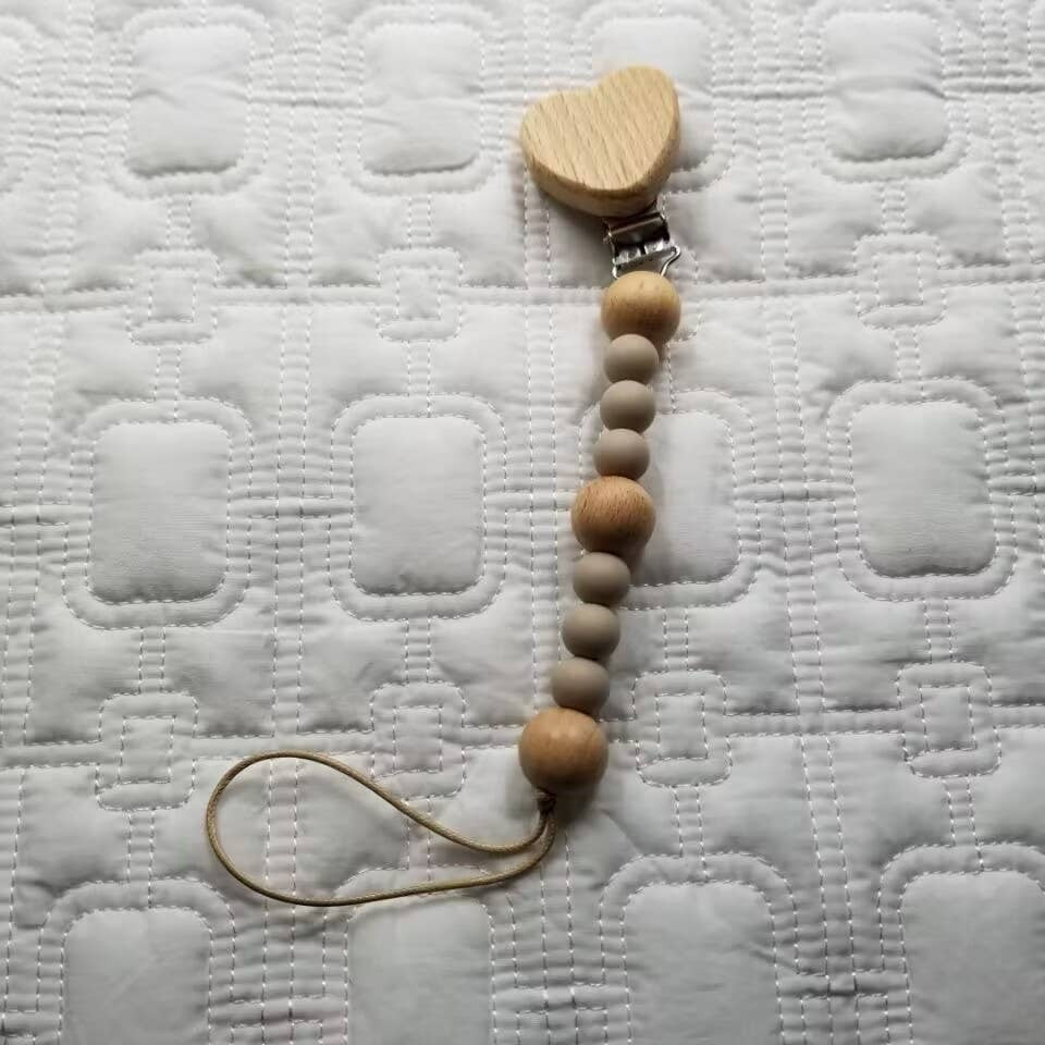 Silicone Bead & Wooden Heart Pacifier Clip