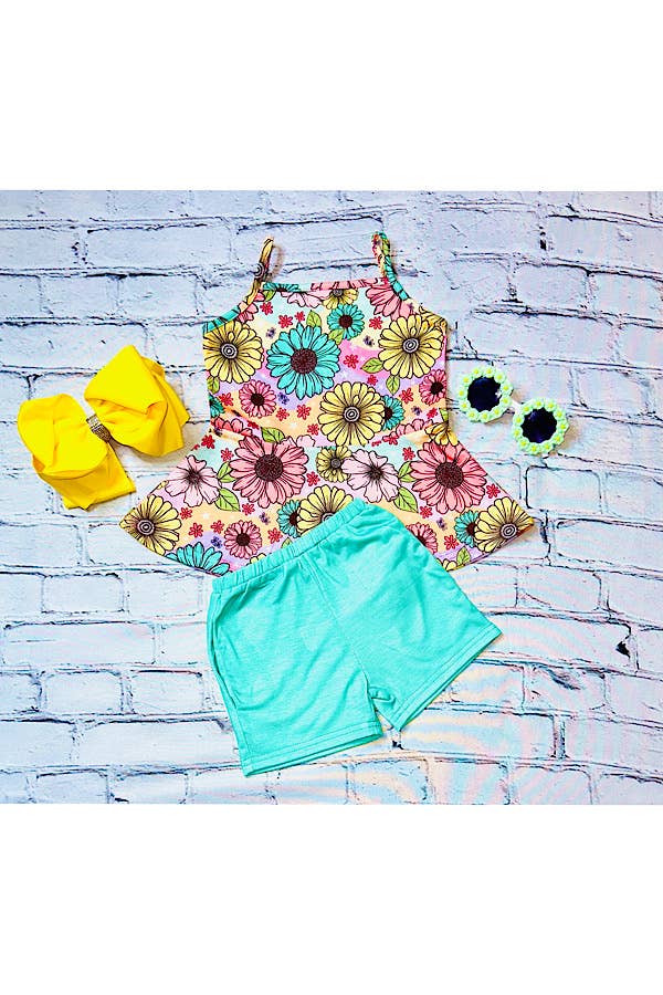 Multicolor daisies top w/aqua pocket shorts set XCH0666-34H