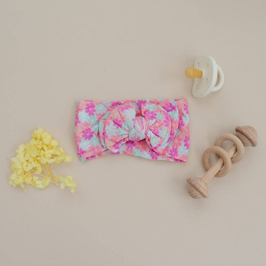 Retro Bright Flowers Double Bow Nylon Baby Headband