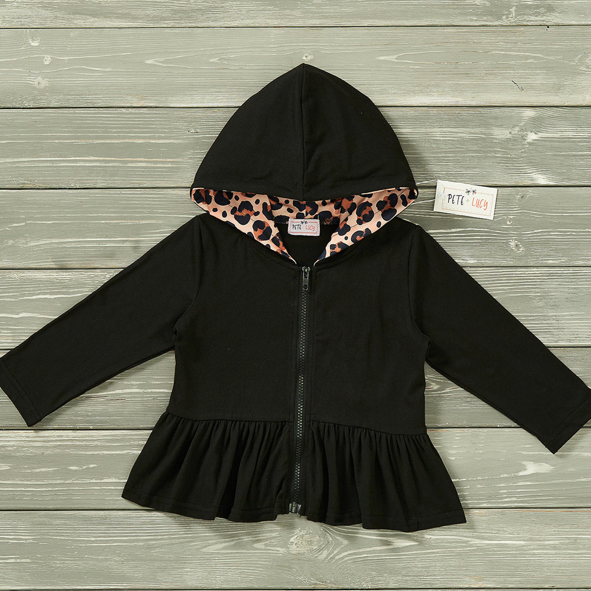 Black Leopard Ruffle Hooded Jacket